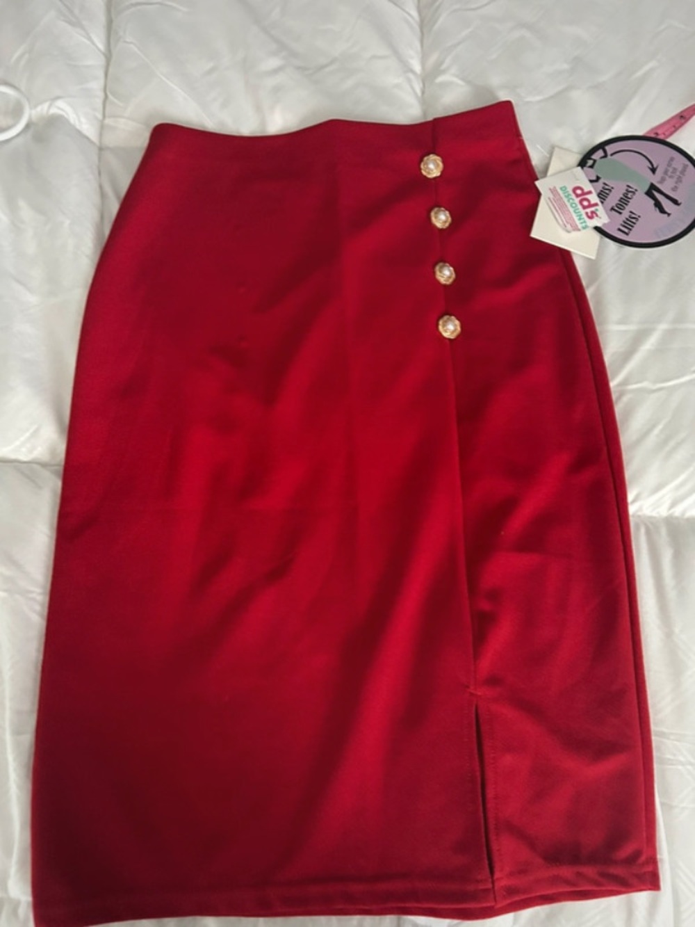 Red Button-Accent Pencil Skirt - Unbranded
